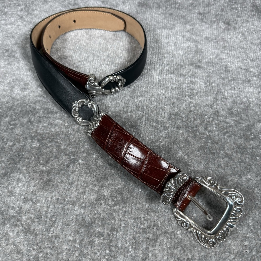 VTG 90s Brighton Two Tone Leather Belt Embossed Brown Black Women's Medium